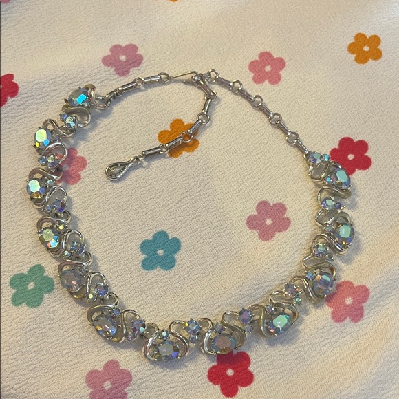 HOLD Vintage Coro Blue AB Rhinestone Necklace and Clip on Earrings - Picture 4 of 4